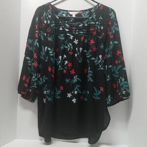 LC Lauren Conrad 3/4 Length Sleeve Black Floral Peasant Top